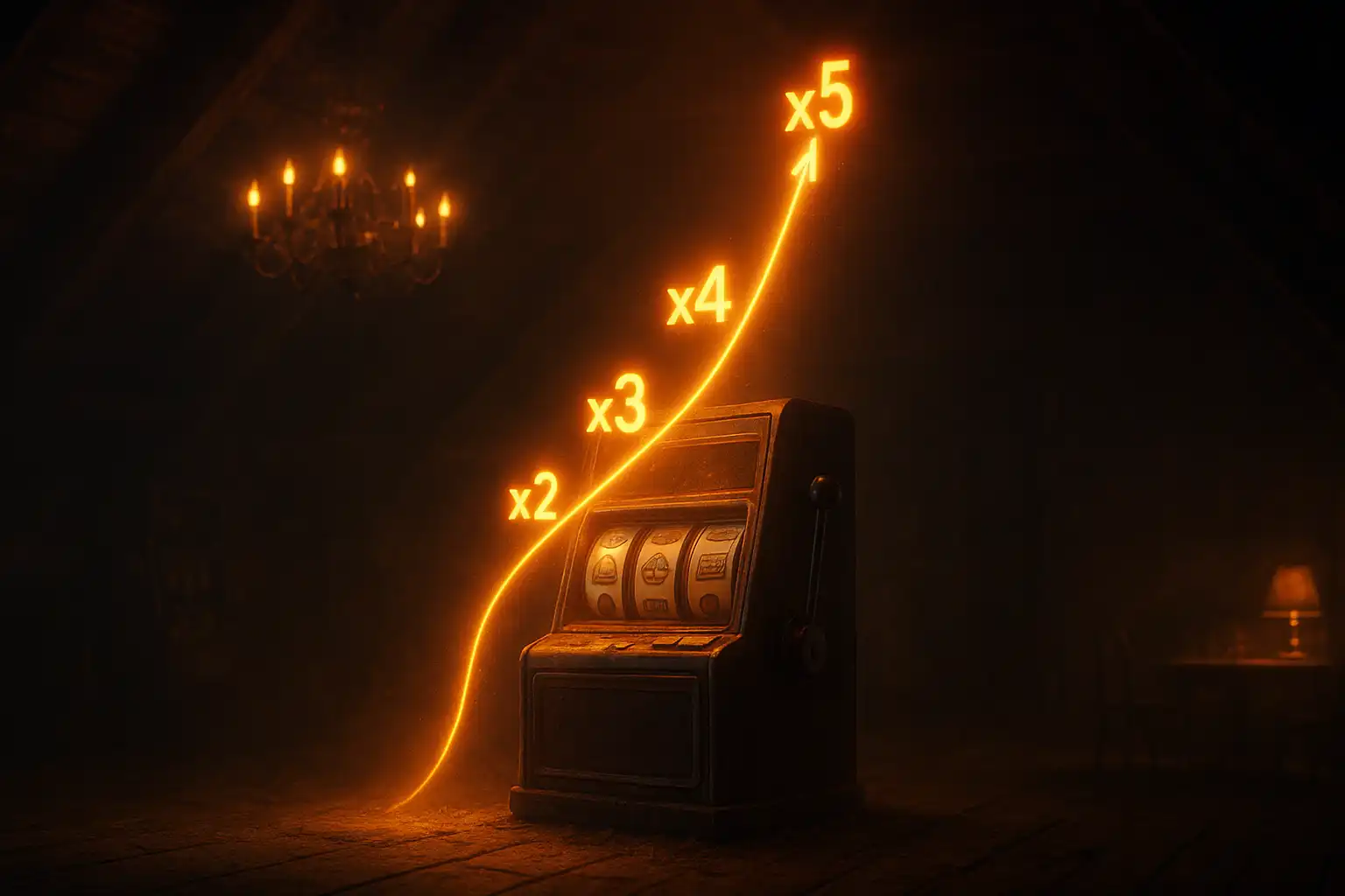 Glowing multiplier curve climbing above a dusty attic slot machine