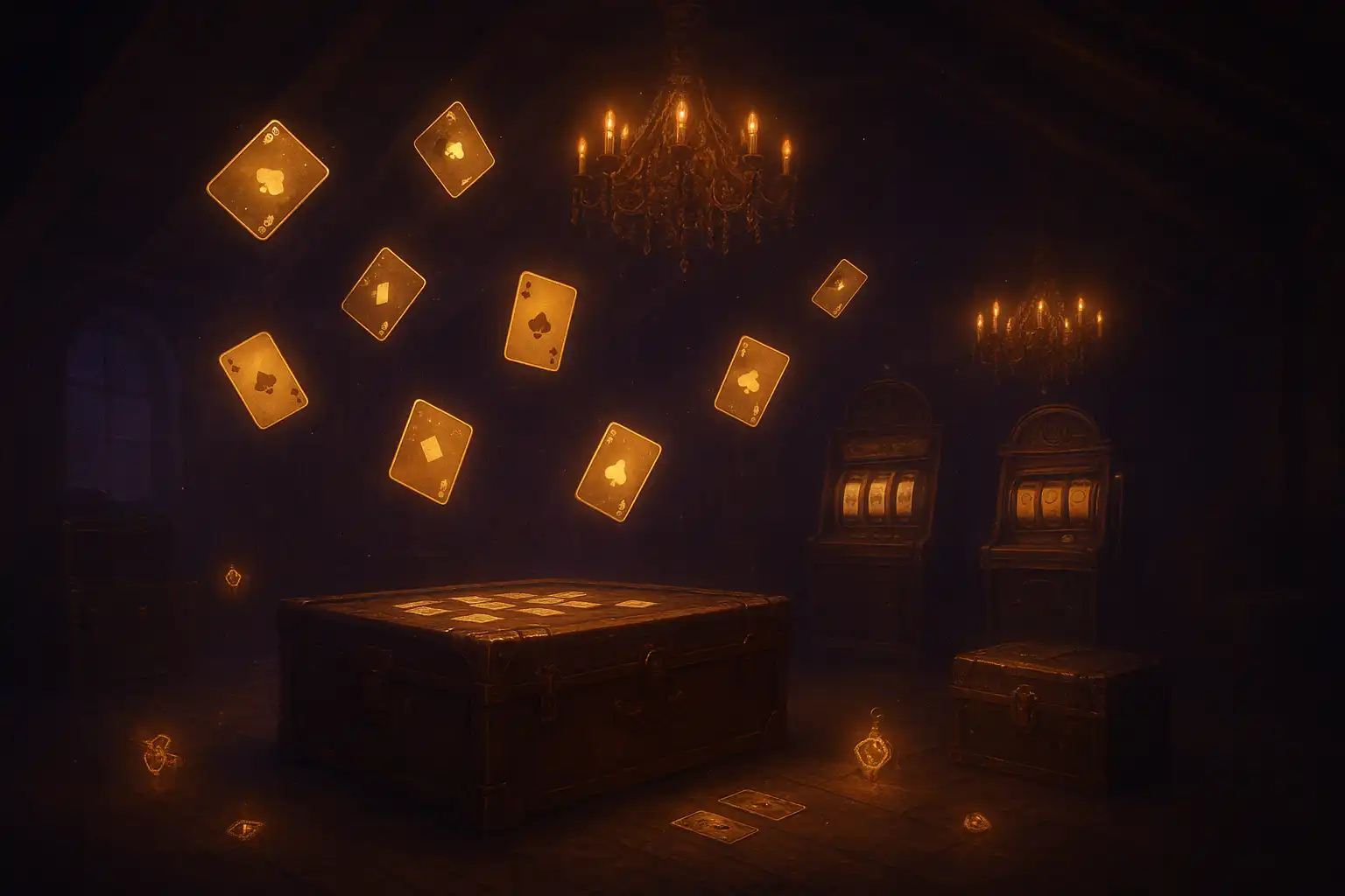 Enchanted attic casino with golden chandeliers, floating playing cards and whimsical slot machines