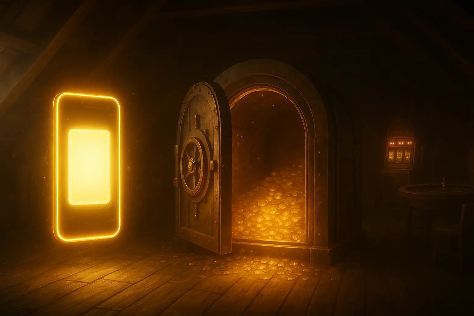 Instant banking portal glowing beside an antique trunk vault in the attic