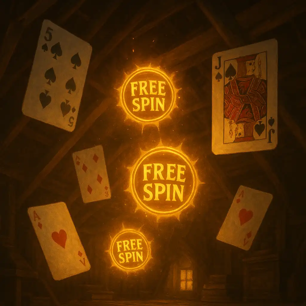 Floating playing cards releasing free spin charms