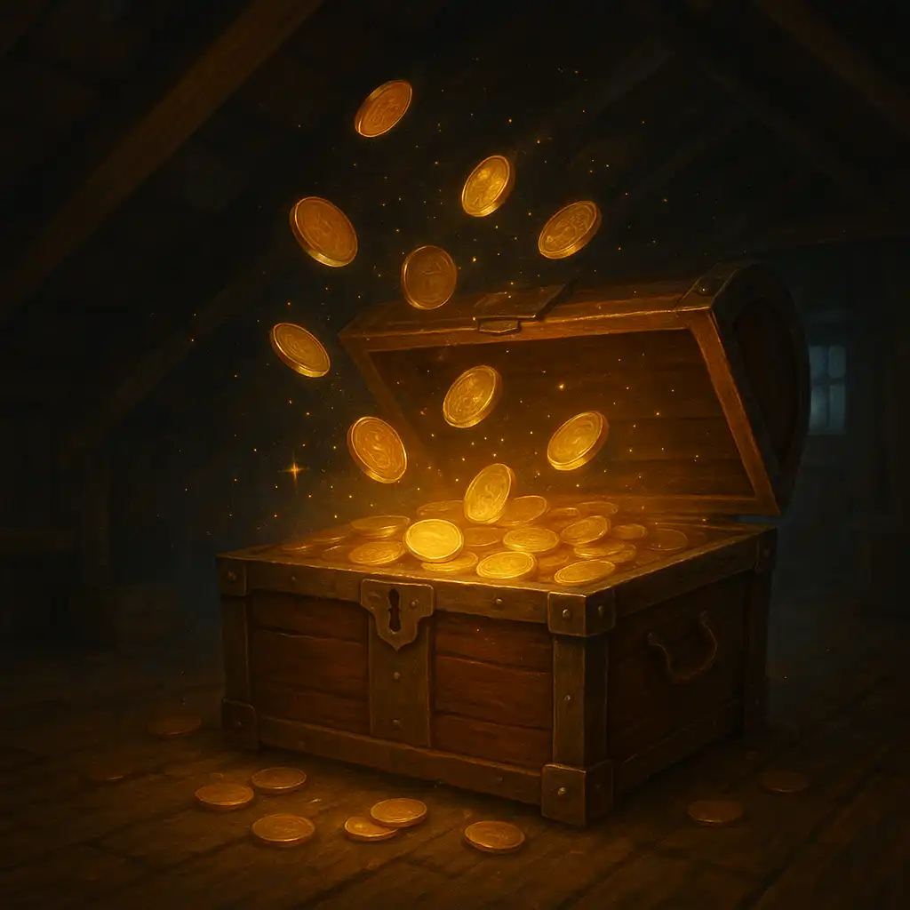 Glowing coins reloading into a treasure trunk
