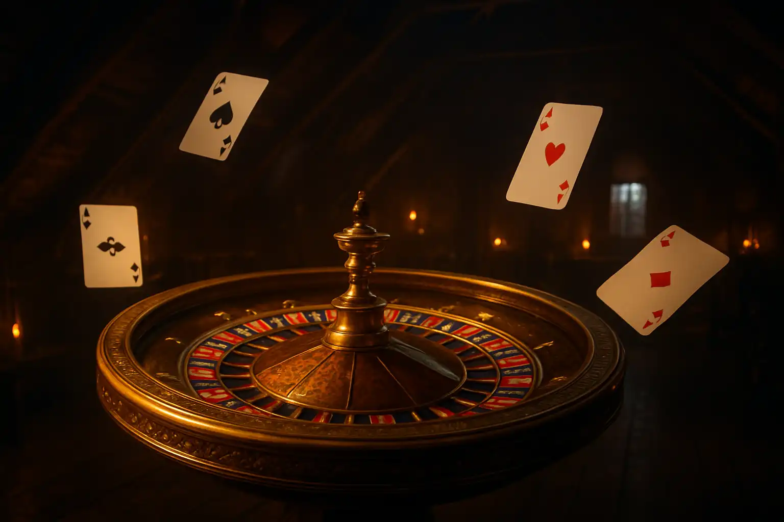 Golden roulette wheel spinning beside floating playing cards in a mansard casino