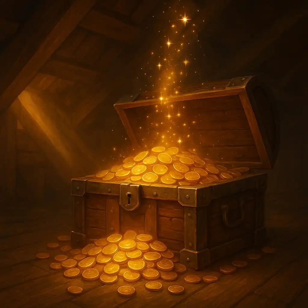 Golden coins pouring into an antique trunk