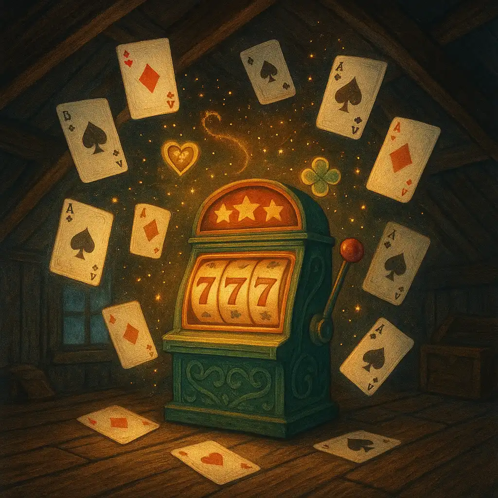 Floating playing cards around a whimsical slot machine