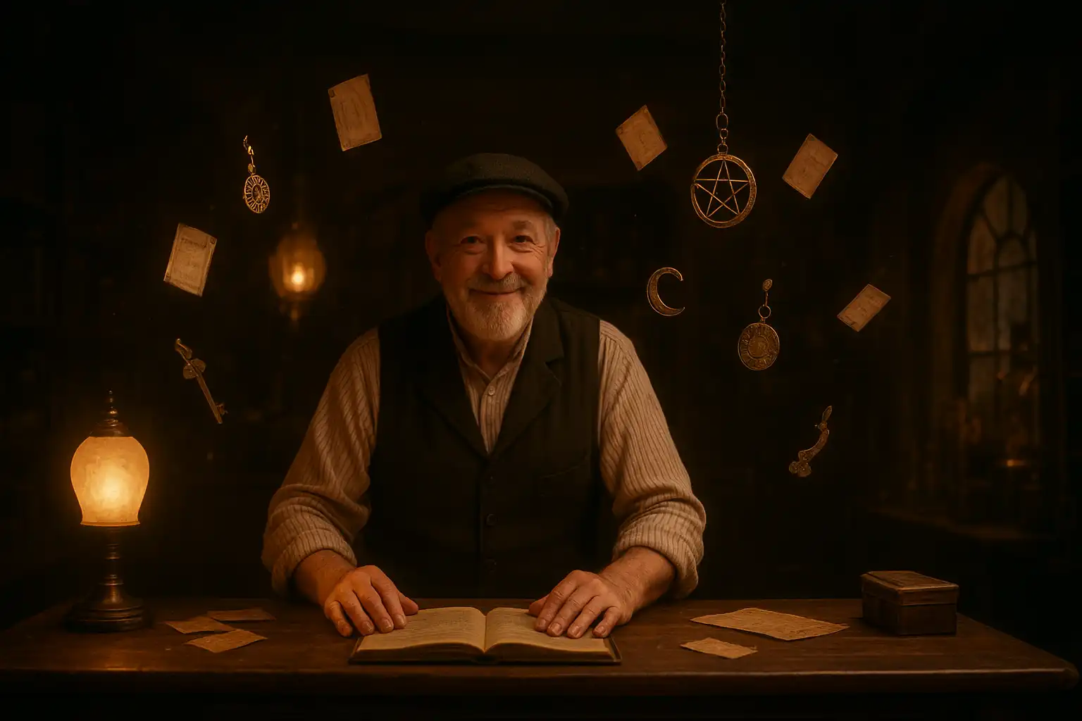 Attendant at a glowing attic desk surrounded by charms and support tickets